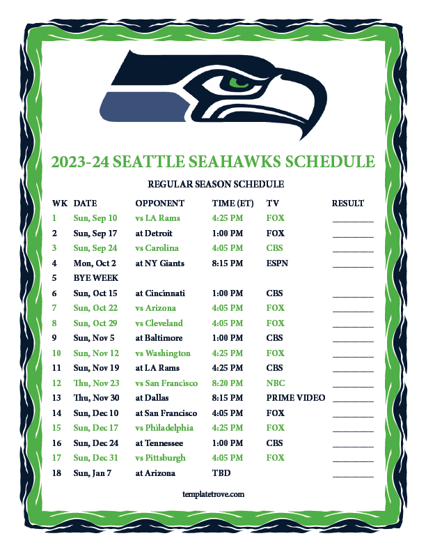 Printable 2023 2024 Seattle Seahawks Schedule