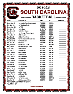 South Carolina Gamecocks Basketball 2023-24 Printable Schedule
