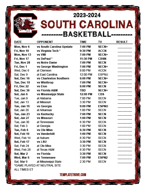 Printable 20232024 South Carolina Gamecocks Basketball Schedule