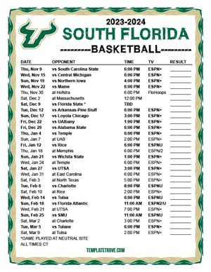 South Florida Bulls Basketball 2023-24 Printable Schedule - Central Times