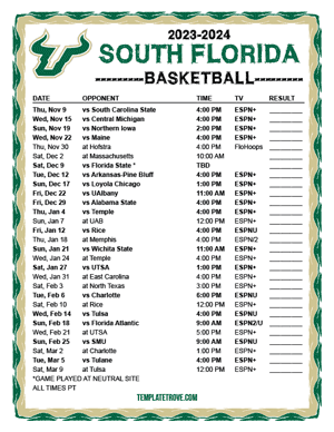 South Florida Bulls Basketball 2023-24 Printable Schedule - Pacific Times