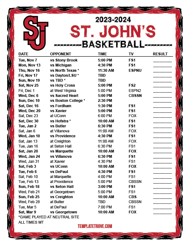 Printable 2023-2024 St. John's Red Storm Basketball Schedule