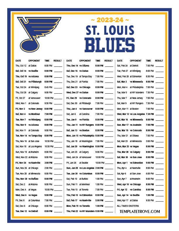 Printable 2023-2024 St. Louis Blues Schedule