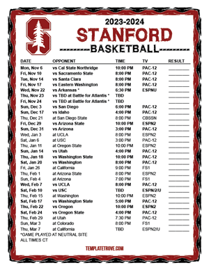 Stanford Cardinal Basketball 2023-24 Printable Schedule - Central Times