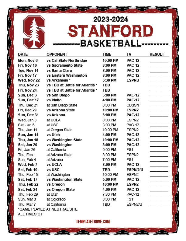 Printable 20232024 Stanford Cardinal Basketball Schedule