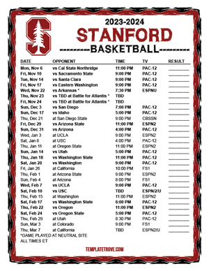 2023-24 Printable Stanford Cardinal Basketball Schedule