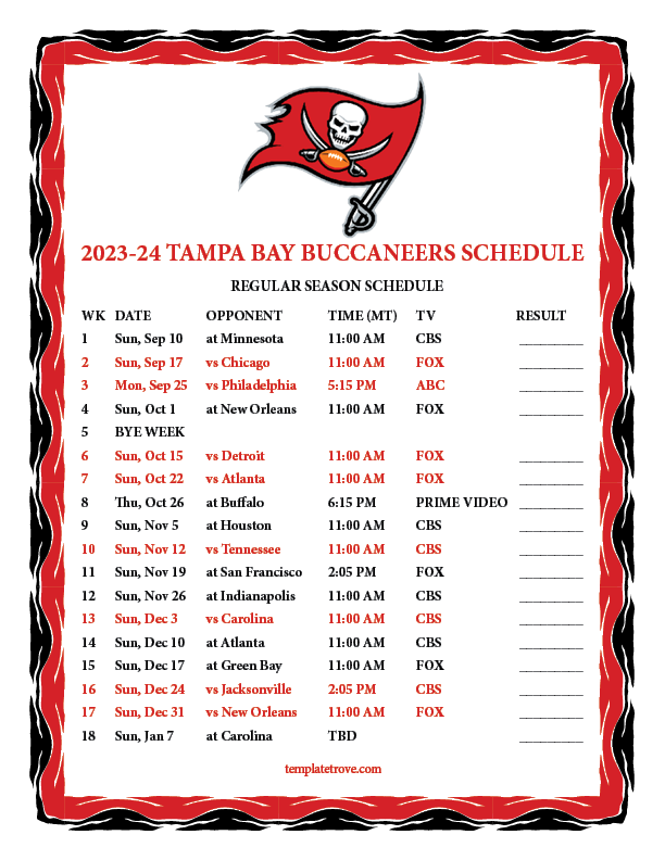 Printable 2023 2024 Tampa Bay Buccaneers Schedule