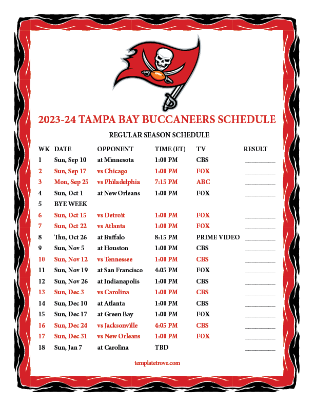 Full Buccaneers Schedule for 2023-24 NFL Season (Home/Away Games