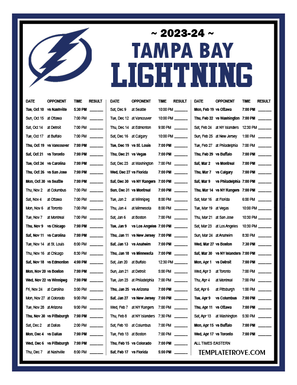 Printable 2023-2024 Tampa Bay Lightning Schedule