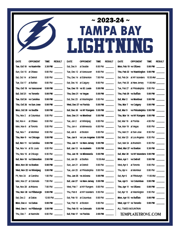 Printable 2023-2024 Tampa Bay Lightning Schedule