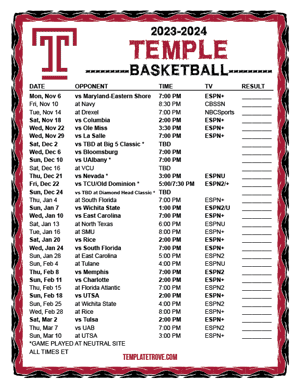 Temple Owls Basketball 2023-24 Printable Schedule