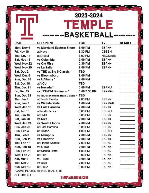 Printable 2023-2024 Temple Owls Basketball Schedule
