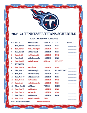 Tennessee Titans 2023-24 Printable Schedule - Central Times