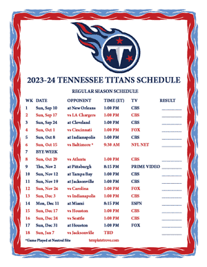 Tennessee Titans 2023-24 Printable Schedule
