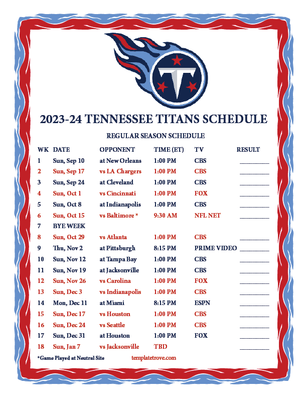 Printable 2023 2024 Tennessee Titans Schedule