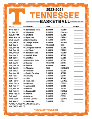 Tennessee Volunteers Basketball 2023-24 Printable Schedule - Central Times