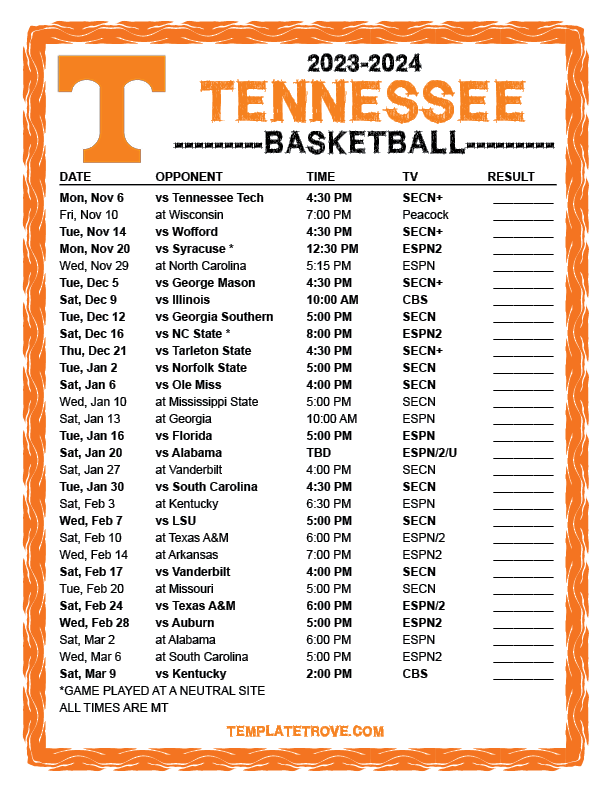 Printable 20232024 Tennessee Volunteers Basketball Schedule