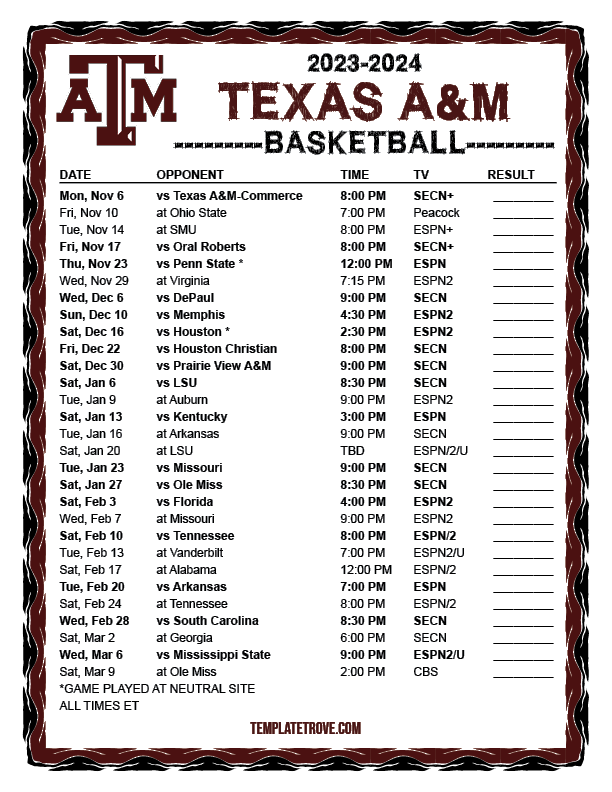 Printable 20232024 Texas A&M Aggies Basketball Schedule