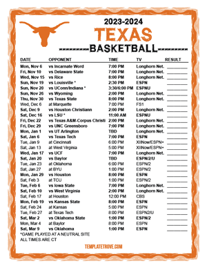 Texas Longhorns Basketball 2023-24 Printable Schedule - Central Times