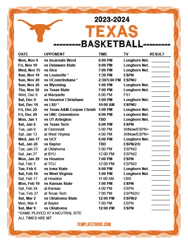 Printable 20232024 Texas Longhorns Basketball Schedule