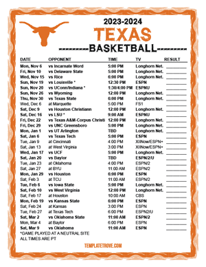 Texas Longhorns Basketball 2023-24 Printable Schedule - Pacific Times