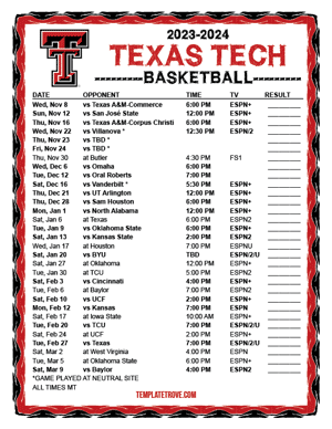 Texas Tech Red Raiders Basketball 2023-24 Printable Schedule - Mountain Times