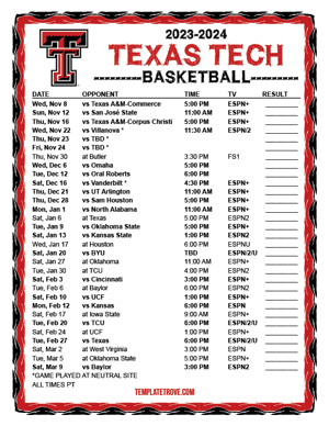 Texas Tech Red Raiders Basketball 2023-24 Printable Schedule - Pacific Times