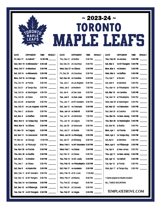 Printable 20232024 Toronto Maple Leafs Schedule