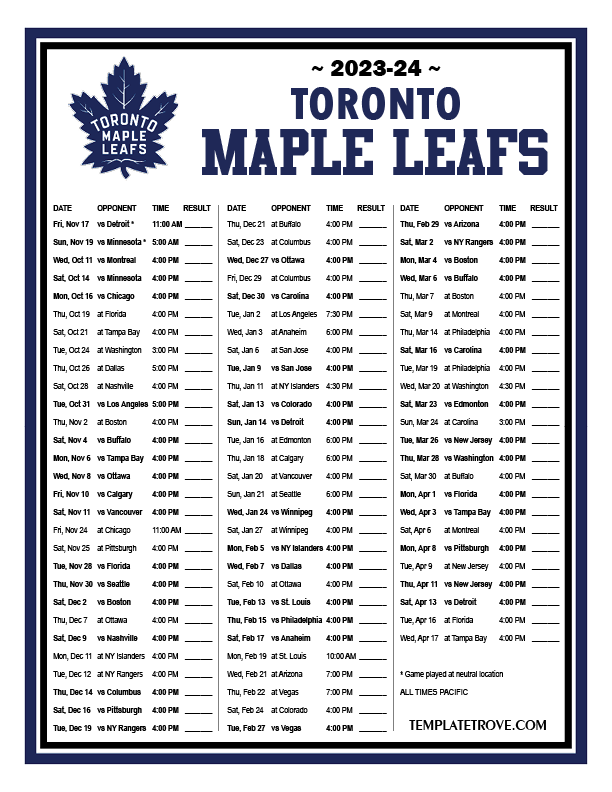 2023 2024 Printable Toronto Maple Leafs Schedule PT PNG 