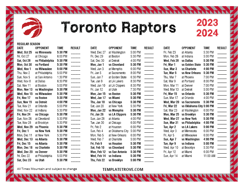 Printable 20232024 Toronto Raptors Schedule