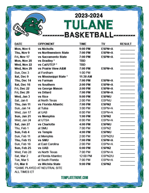 Tulane Green Wave Basketball 2023-24 Printable Schedule