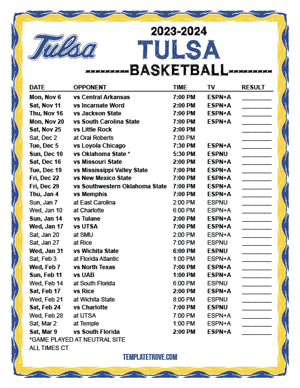 Tulsa Golden Hurricane Basketball 2023-24 Printable Schedule - Central Times