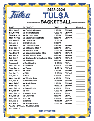 Tulsa Golden Hurricane Basketball 2023-24 Printable Schedule - Pacific Times