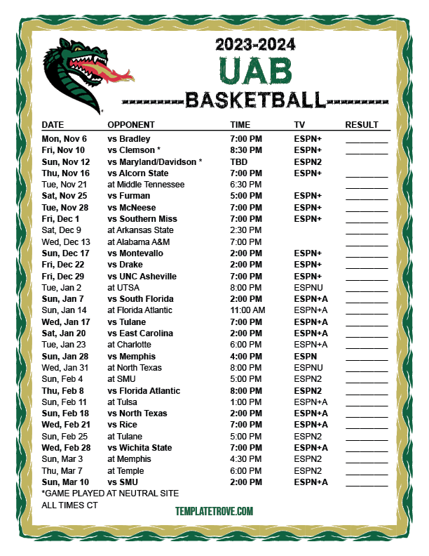 Printable 20232024 UAB Blazers Basketball Schedule