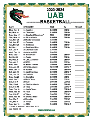 UAB Blazers Basketball 2023-24 Printable Schedule
