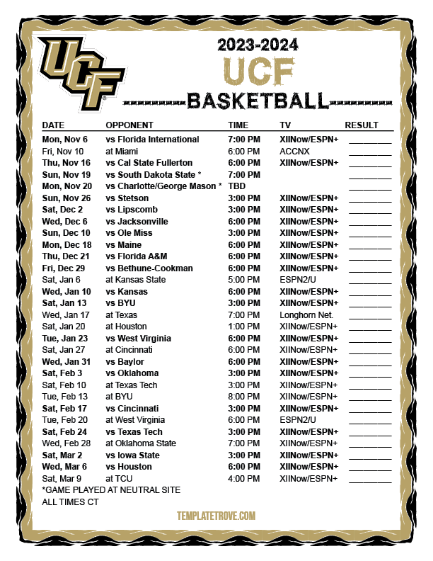 Printable 20232024 UCF Knights Basketball Schedule