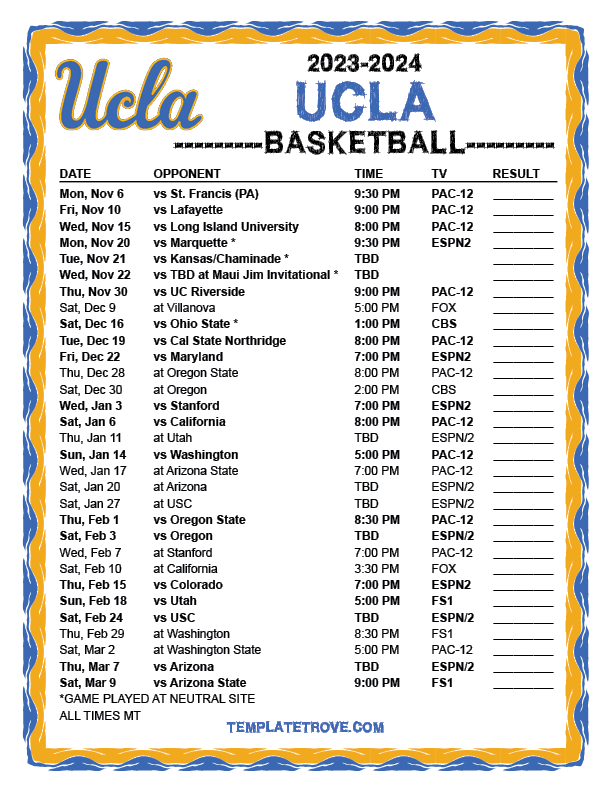 Printable 20232024 UCLA Bruins Basketball Schedule