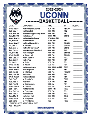UConn Huskies Basketball 2023-24 Printable Schedule - Pacific Times