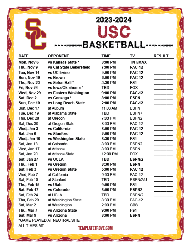 Printable 20232024 USC Trojans Basketball Schedule