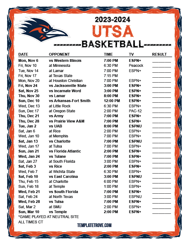 Printable 20232024 UTSA Roadrunners Basketball Schedule
