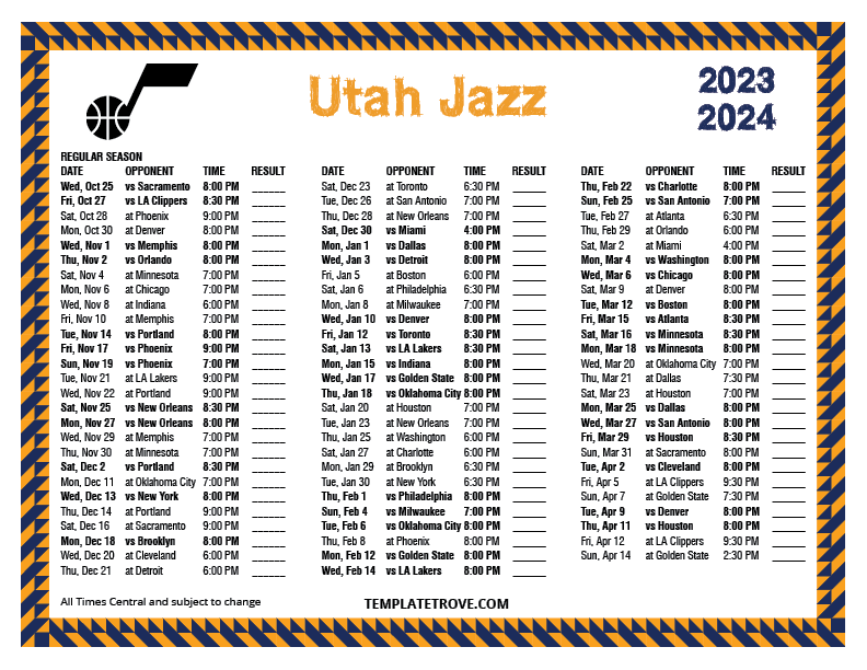 Printable 20232024 Utah Jazz Schedule