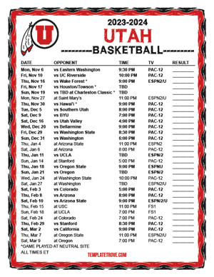 Utah Utes Basketball 2023-24 Printable Schedule