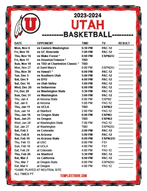 Utah Utes Basketball 2023-24 Printable Schedule - Pacific Times