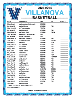 Villanova Wildcats Basketball 2023-24 Printable Schedule
