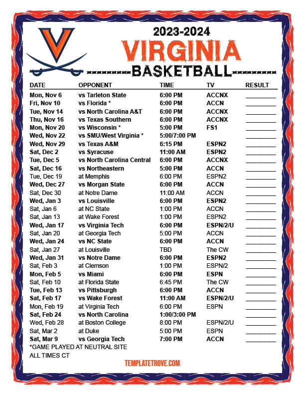Printable 2023-2024 Virginia Cavaliers Basketball Schedule