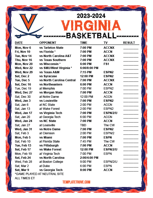 Printable 20232024 Virginia Cavaliers Basketball Schedule