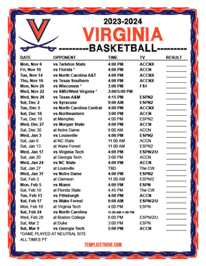 Virginia Cavaliers Basketball 2023-24 Printable Schedule - Pacific Times