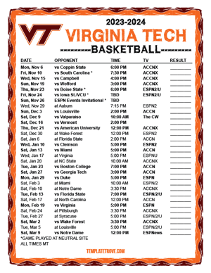 Virginia Tech Hokies Basketball 2023-24 Printable Schedule - Mountain Times