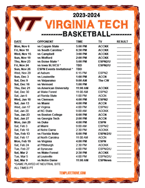 Virginia Tech Hokies Basketball 2023-24 Printable Schedule - Pacific Times