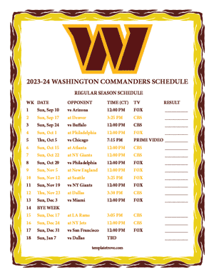 Washington Commanders 2023-24 Printable Schedule - Central Times